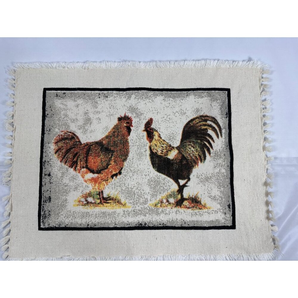 Set Of 6 Rustic Rooster Placemats Fringed Edges Linen Look Cottage Farmhouse - Picture 7 of 13